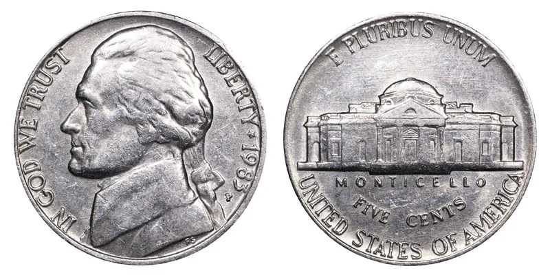 1983 Jefferson nickel obverse and reverse showing Thomas Jefferson portrait and Monticello building