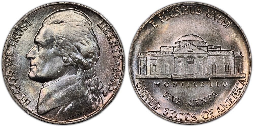 Comparison of a regular 1983 nickel reverse with weak Monticello steps versus a Full Steps example with all six horizontal lines sharply defined