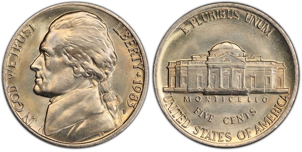 Group of 1983 Jefferson nickels from Philadelphia and Denver showing typical production quality and range of preservation