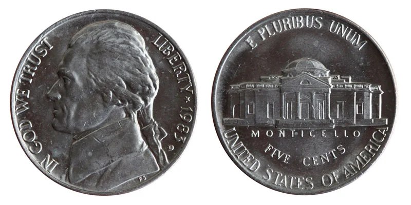 Grading strip showing four 1983 Jefferson nickels from worn Good condition through bright uncirculated Mint State with labels
